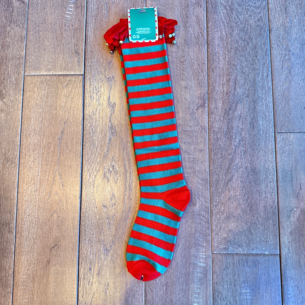 Red and Green Striped Knee-High Elf Socks with Bells for Christmas NEW